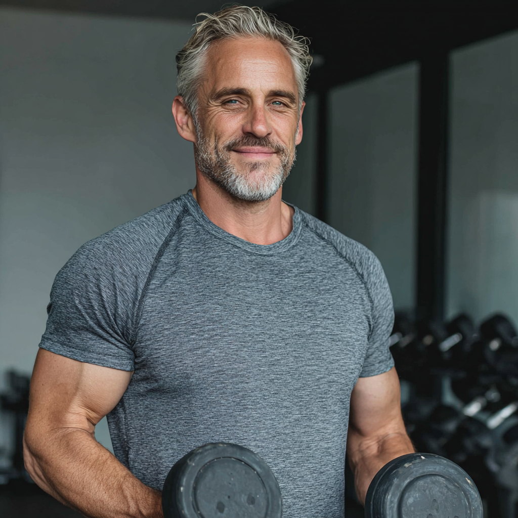 Hombre de 55 años realizando ejercicios de fuerza con mancuernas en gimnasio moderno, sonriendo con confianza