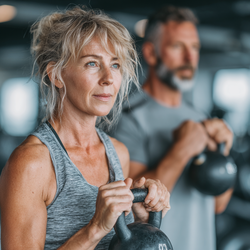 Mujer de 58 años trabajando con entrenador personal, realizando ejercicios funcionales con kettlebell en ambiente fitness profesional